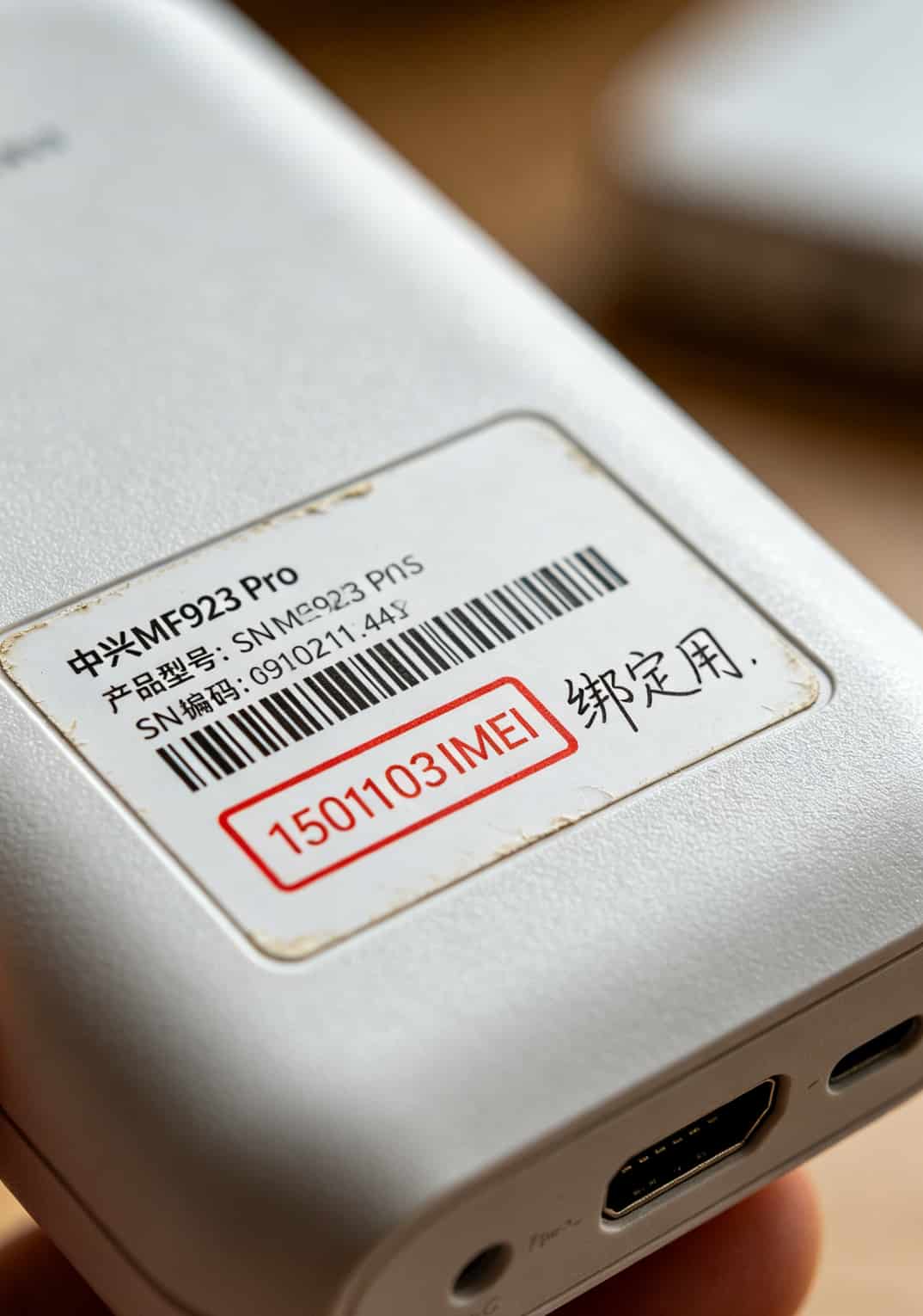 4g流量卡怎么办理?中兴随身WiFi用户折腾6张卡后的最终答案 中兴MF923 Pro底部标签特写,用红框标出IMEI号位置