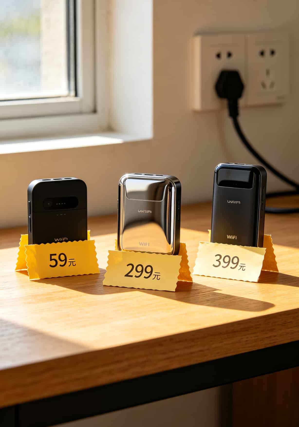 4g流量卡怎么办理?换过6台设备的人告诉你:这5步做对,月省50块还不断网 三台随身WiFi设备并排放在桌上,价格标签贴在旁边
