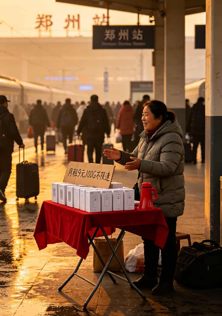 9块月租流量卡是真的吗?我烧了4台随身WiFi告诉你答案 火车站临时摊位卖随身WiFi的场景示意图
