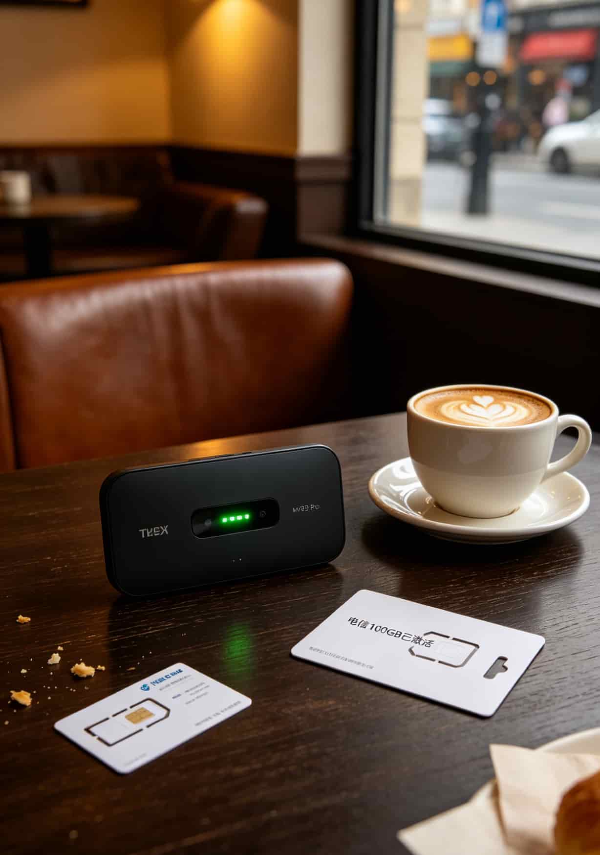 4g流量卡怎么办理?中兴随身WiFi用户折腾6张卡后的最终答案 中兴MF923 Pro随身WiFi亮着绿灯,旁边放着一杯咖啡和一张物联网卡