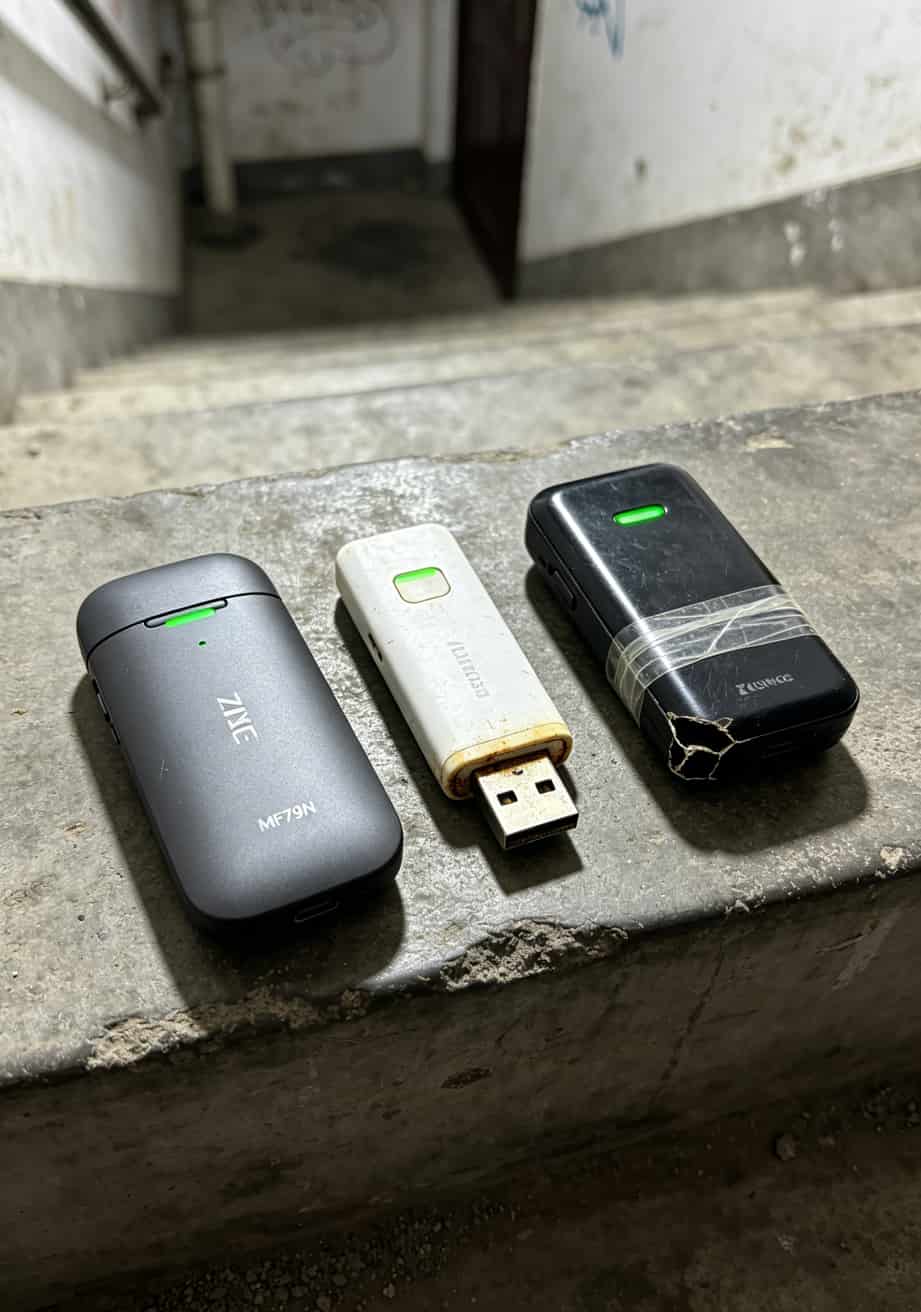 三台随身宝并排对比，中兴MF79N、小品牌U盘款、二手破烂款