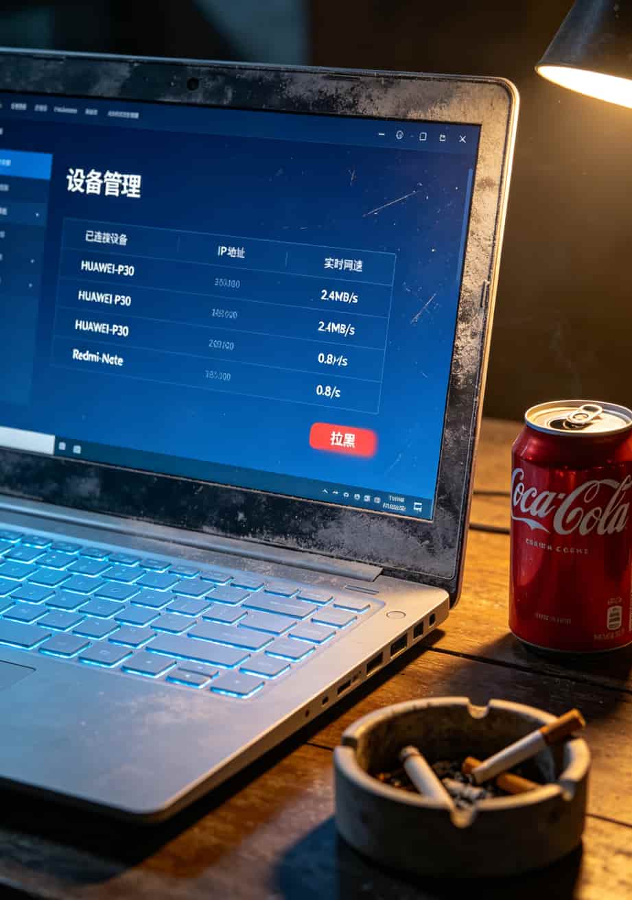 2023什么流量卡好?实测4台设备花了1800,最后留这台(附避坑清单) 随身WiFi管理后台界面截图,显示连接设备列表和网速