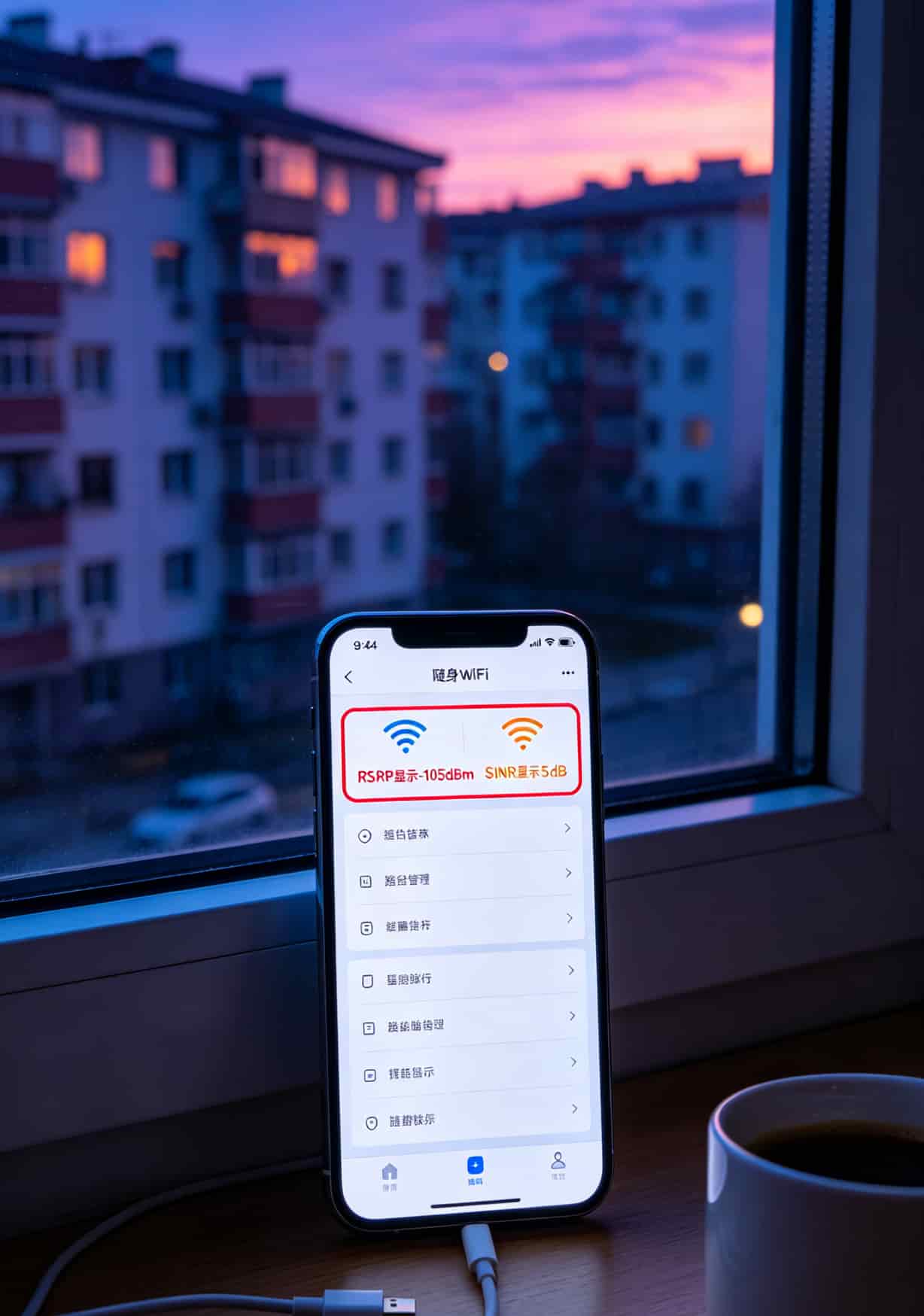 49元150g流量卡配啥随身WiFi?我在信号烂的地方蹲了三年,答案全在这 设备后台信号强度界面截图,RSRP值-105dBm,SINR值5dB