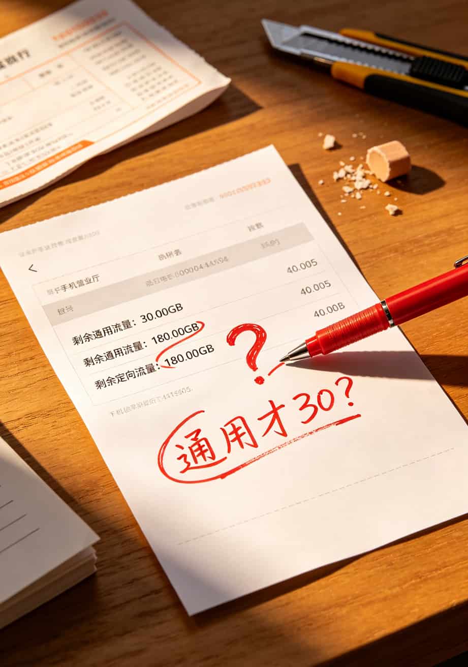 210g流量卡是真的吗?我跟中兴随身WiFi较劲3年,答案写在前面:**数字不假,但你用得上的可能不到零头** 手机营业厅App流量详情页,显示剩余通用流量30g,定向流量180g,用户用红笔标注“通用才30?”