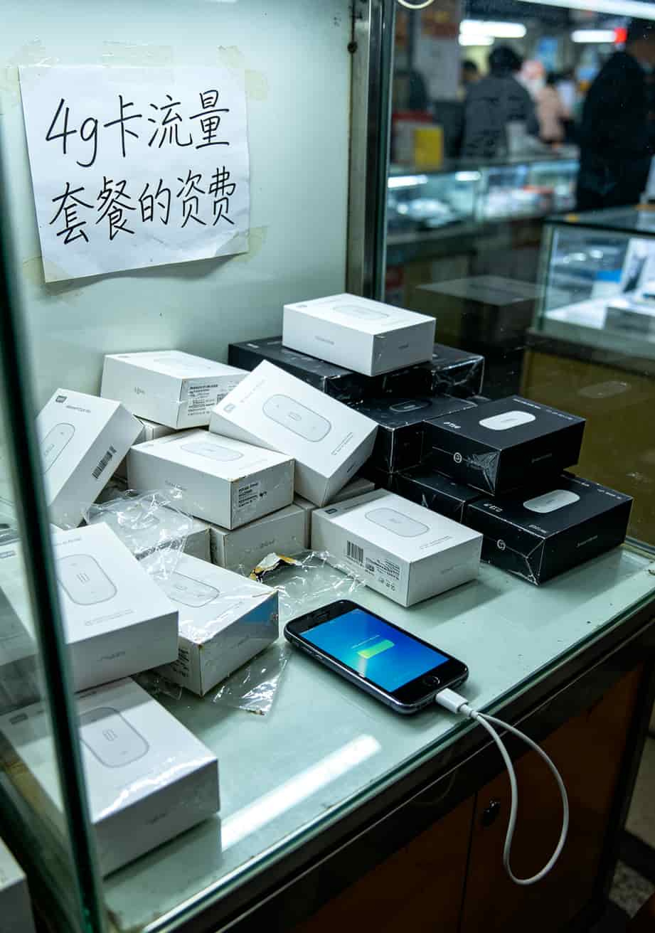 4g卡流量套餐的资费,我换了6张卡才搞明白(附真实省钱方案) 保定华创数码广场内部,柜台里摆着各种随身WiFi设备盒子