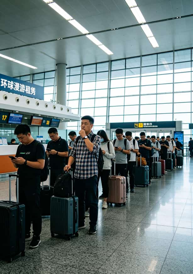 机场柜台排队租WiFi随身宝的实拍场景