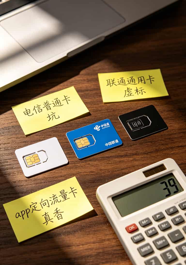 三张流量卡并排摆放，分别标注电信、联通、专用物联网卡