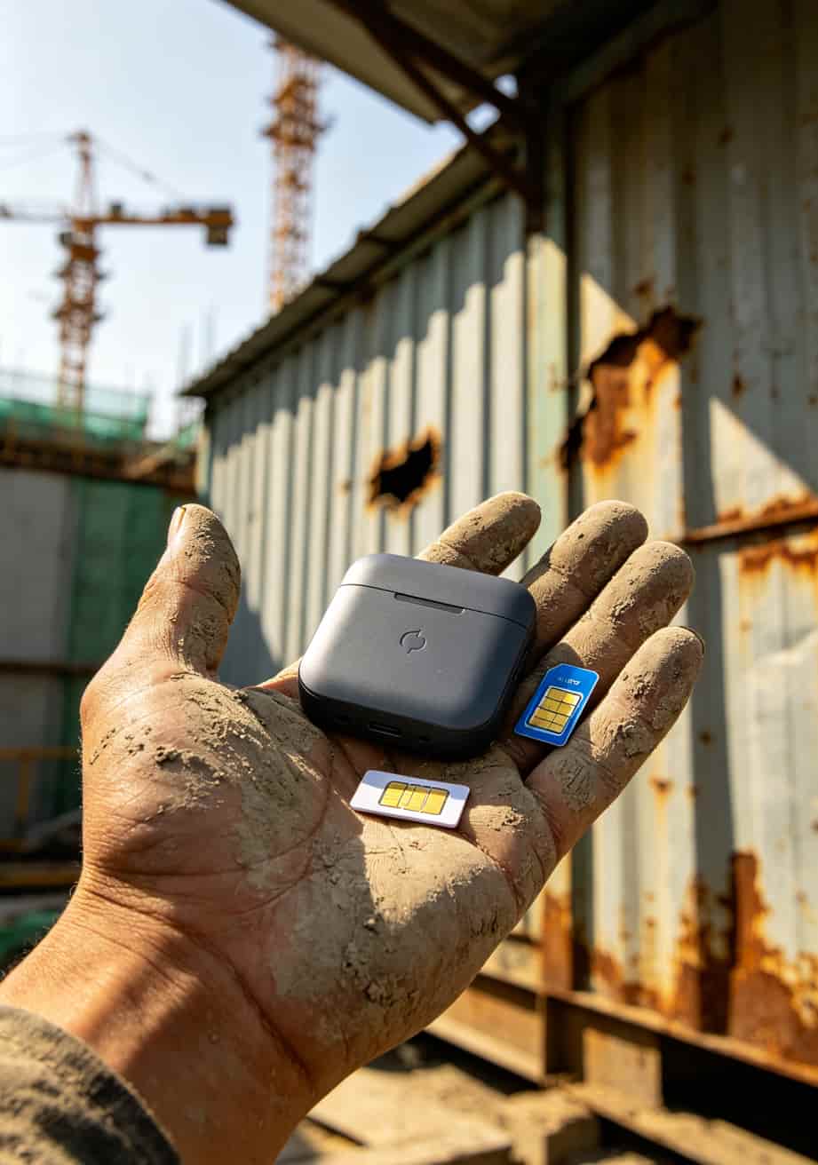 手拿WiFi随身宝和两张流量卡的真实拍摄，背景是工地活动板房