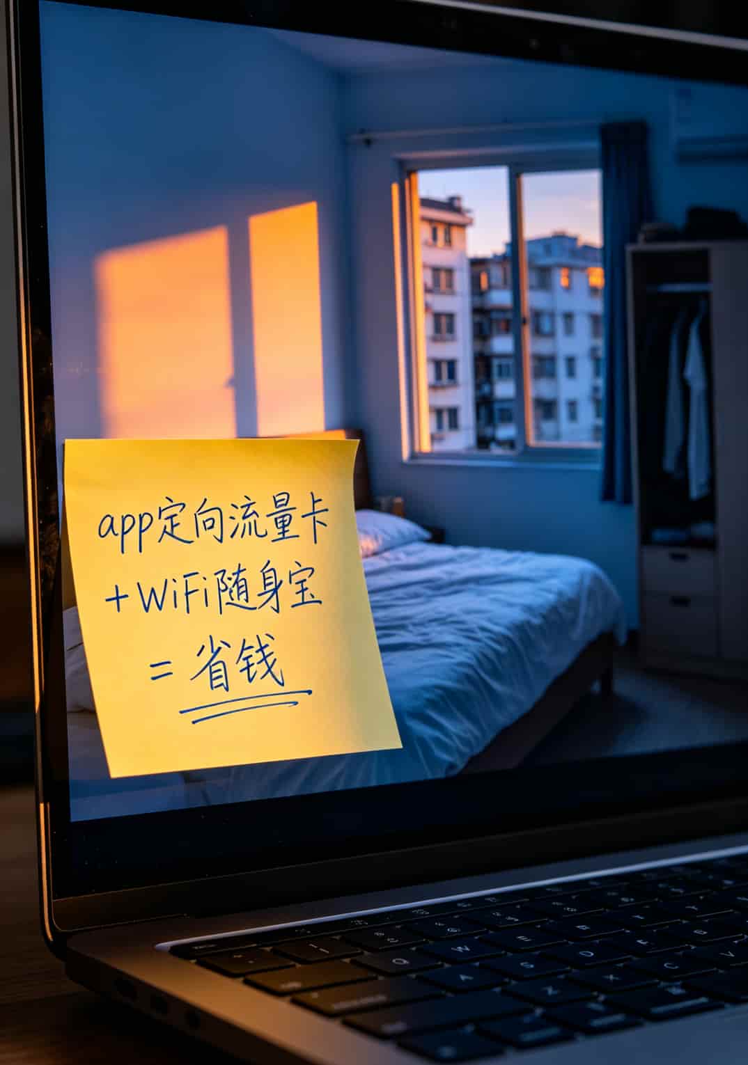 一张手写便签，写着“app定向流量卡+WiFi随身宝=省钱”，贴在电脑显示器边框上