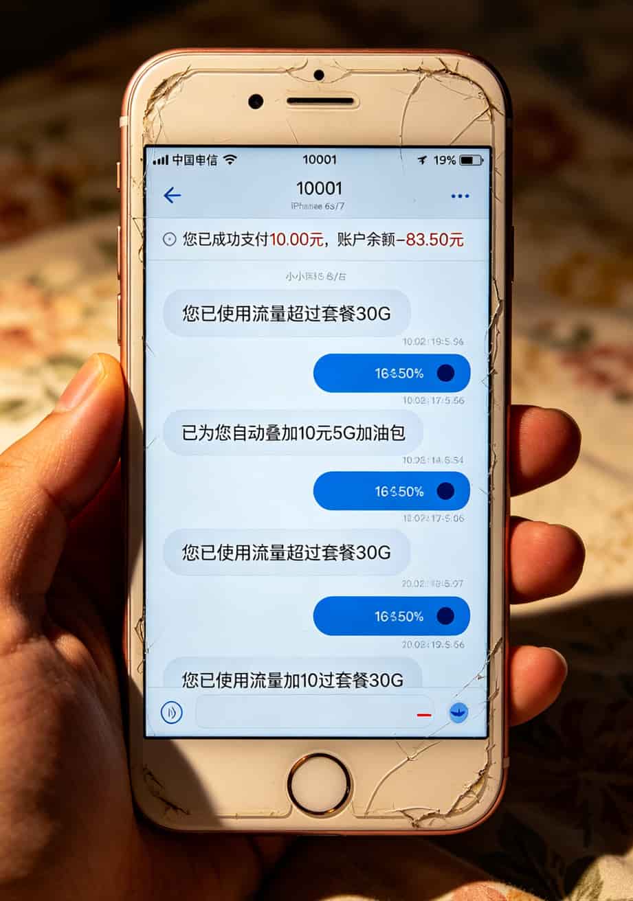给孩子办流量卡,19元还是39元划算?我跑了仨城市,两年账算完发现省了554块 流量加油包自动续订的短信截图,显示多次扣费记录