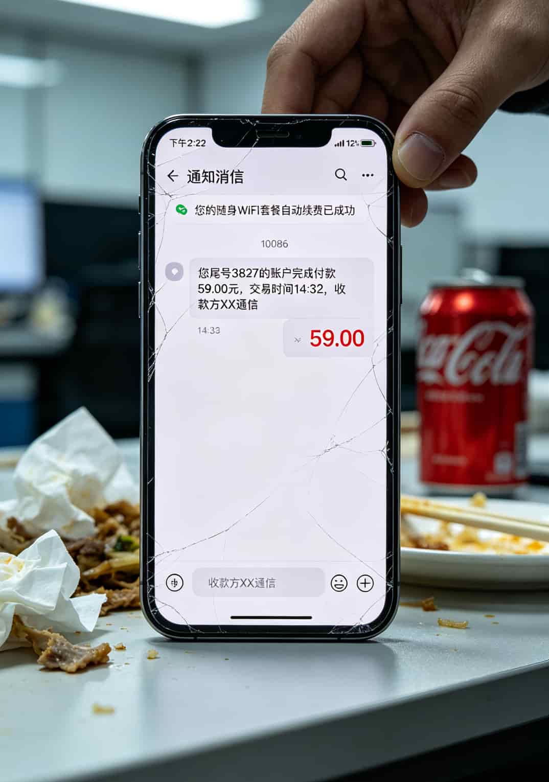 跑了8趟华强北,买了8张29元100g流量卡,我承认我太天真了 自动续费扣款短信截图,显示扣款59元