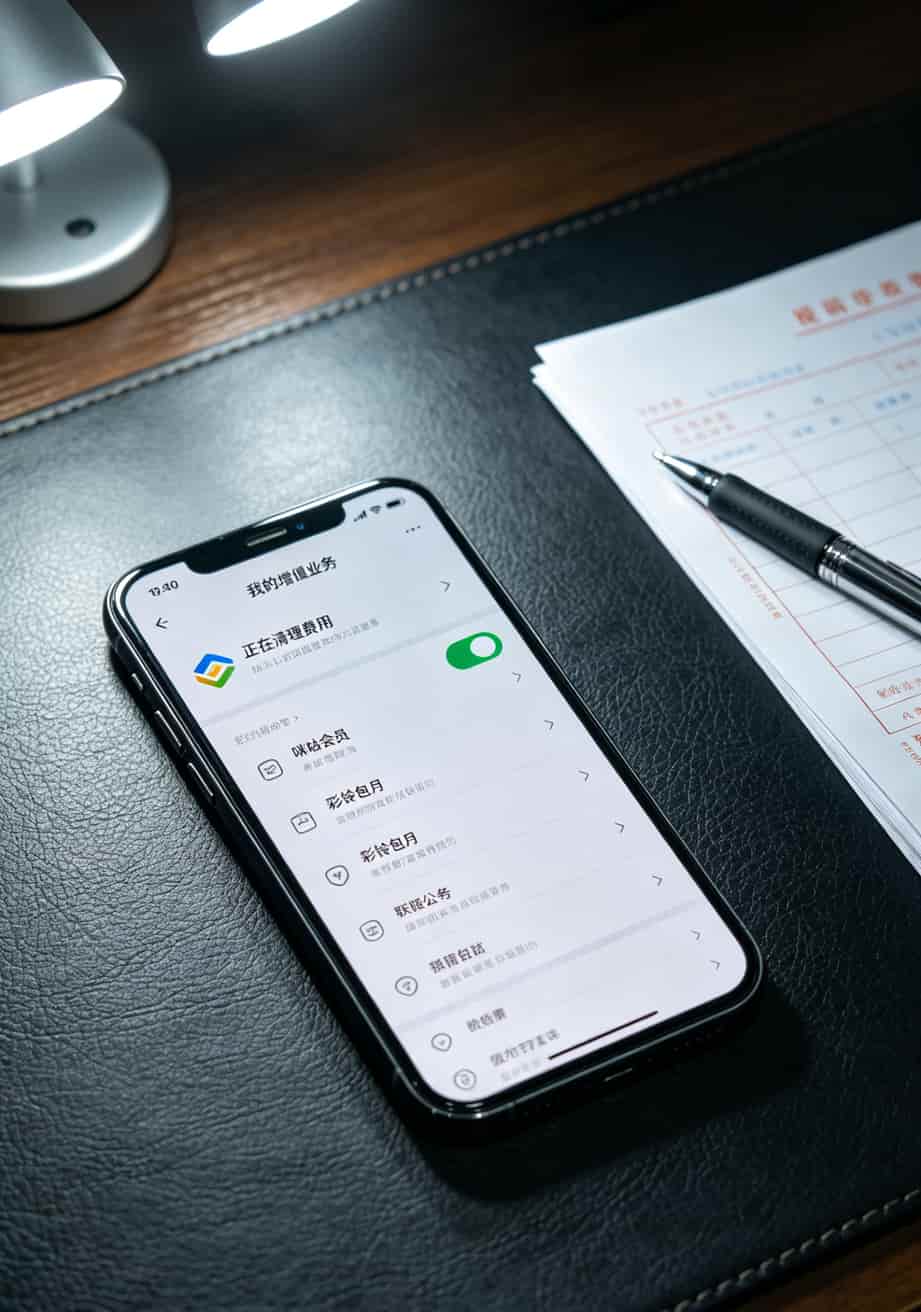办了17张卡才敢说:2023目前最好用的流量卡就这两张,别再多花冤枉钱 运营商App增值业务页面截图,标注自动续费开关