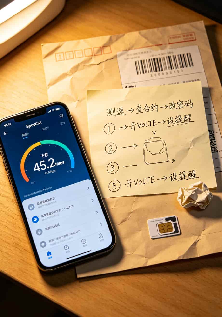 办一张手机流量卡多少钱?算完三年账我直接换了套餐,你也别花冤枉钱 办卡后5步操作流程图,测速查合约改密码开VoLTE设提醒