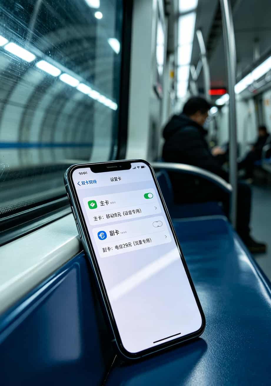 办流量卡什么卡便宜?2026实测:月租8块还是29块,看完这篇再下手 双卡手机设置界面显示主卡副卡分工