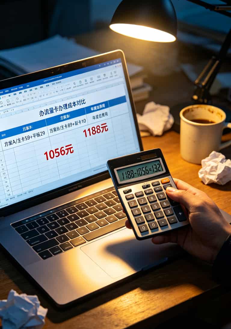 办流量卡办理折腾6次亏了800,这篇全攻略让你一次选对(附平板插卡+副卡共享) Excel成本对比表格截图,两种方案费用对比清晰