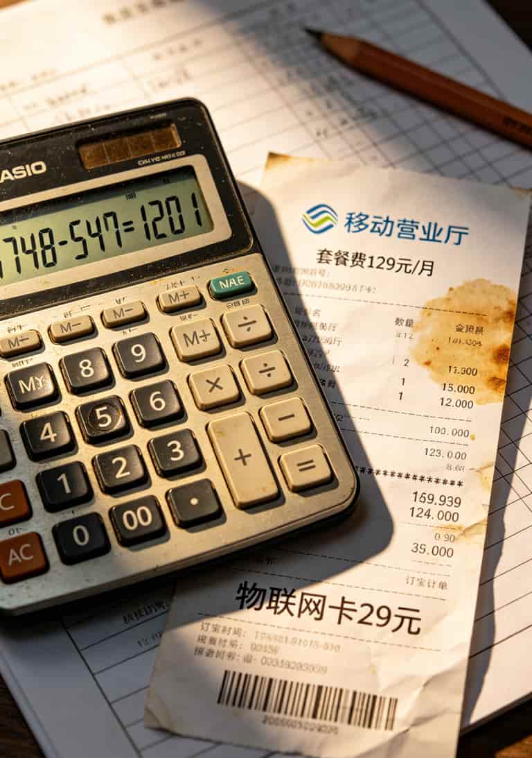 办什么卡流量最划算?我踩坑3年的答案都在这里了 计算器屏幕上显示着几个数字,旁边放着一张掀开的手机账单