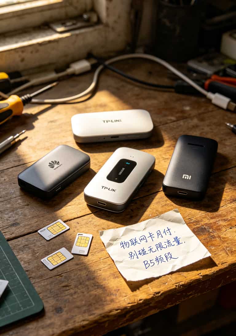 办什么卡流量最划算?我踩坑3年的答案都在这里了 随身WiFi设备和各种SIM卡摆在一起,旁边放着一张写满笔记的纸条