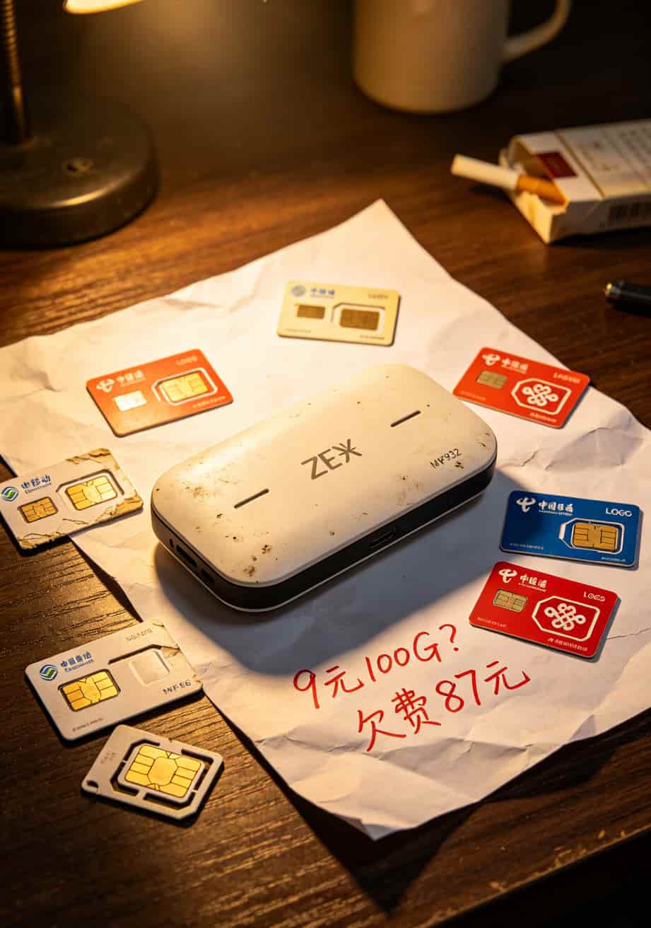 办什么流量卡最划算?踩了7张卡的坑,最后这2张卡让我三年省下500块 中兴MF932随身WiFi和七张流量卡摆在一起,展示踩坑经历