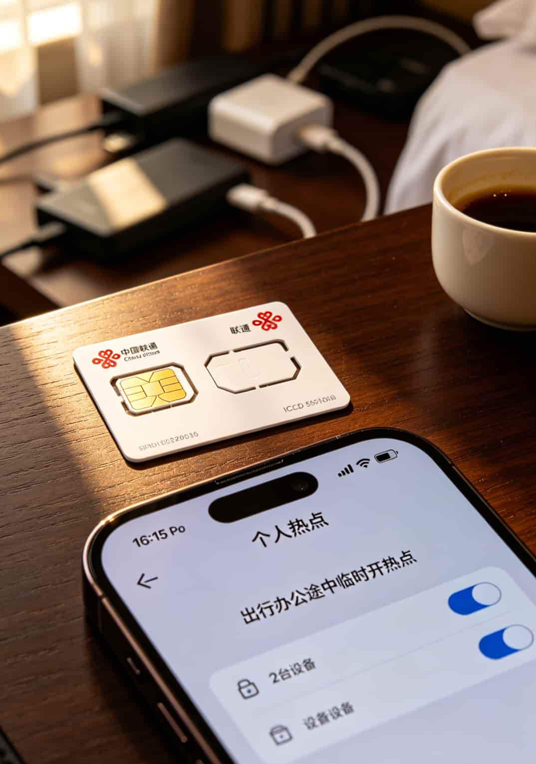 别再花冤枉钱了!先办理联通流量卡套餐,比啥随身WiFi都管用 手机插入联通流量卡后开热点供多台设备连接的实拍场景