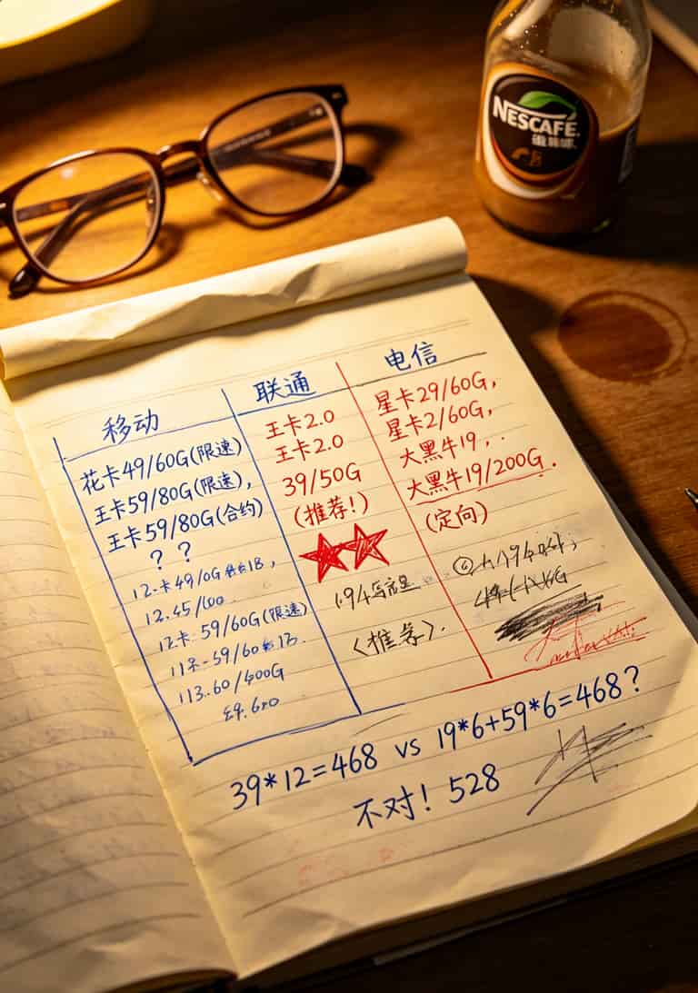 作者整理的各运营商套餐对比手写笔记照片