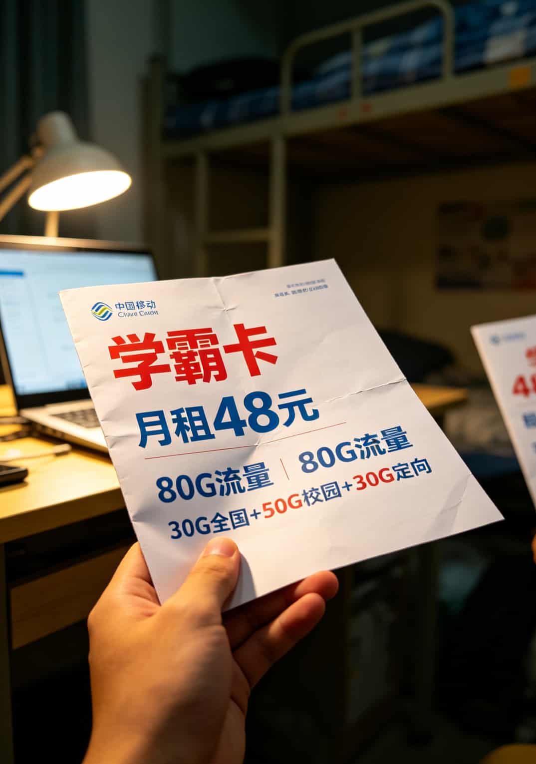 人大新生办卡避坑指南:办理啥卡流量多?实测48元80G最划算 移动学霸卡套餐详情截图,显示80G流量构成