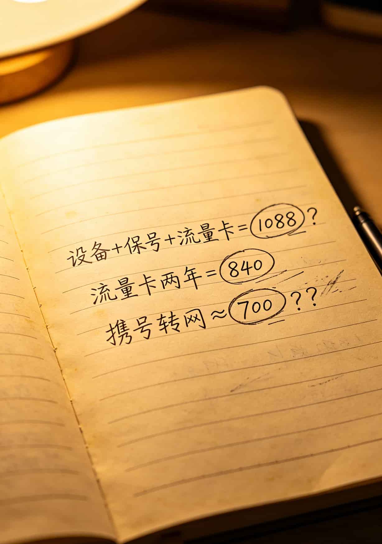 办流量卡那个划算?成都双流用户三年换了四张卡,告诉你答案 手写算账草稿,上面写着1088、840、700三组数字