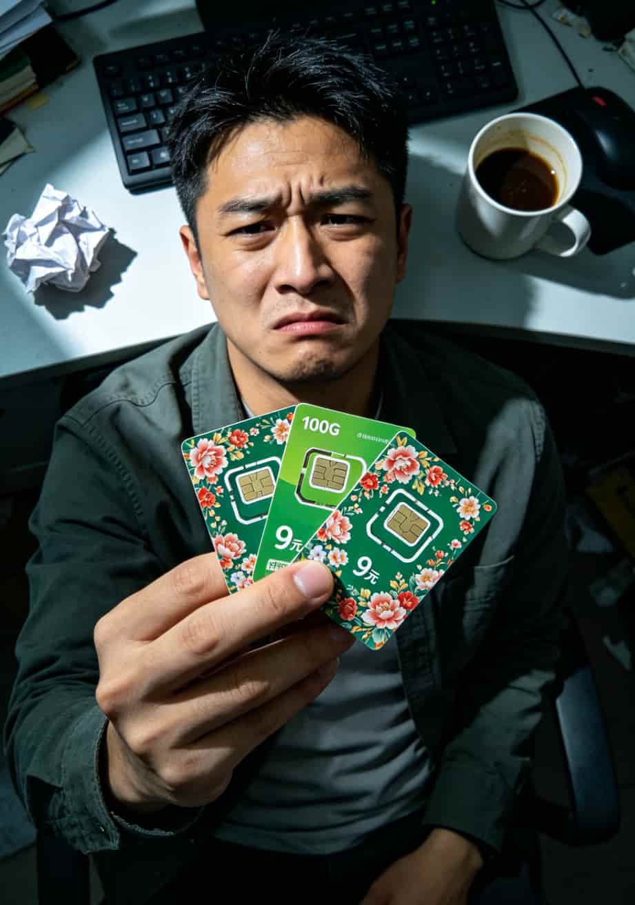 办流量卡哪里正规?踩了3次坑亏了800块,我只信这2个地方 一个人拿着几张手机卡表情无奈,写着“又被坑了”