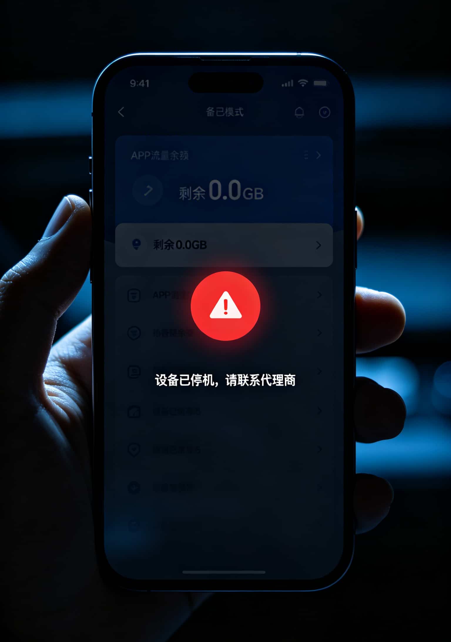 办流量卡哪里正规?踩了3次坑亏了800块,我只信这2个地方 手机截图显示“设备已停机,请联系代理商”红色警示