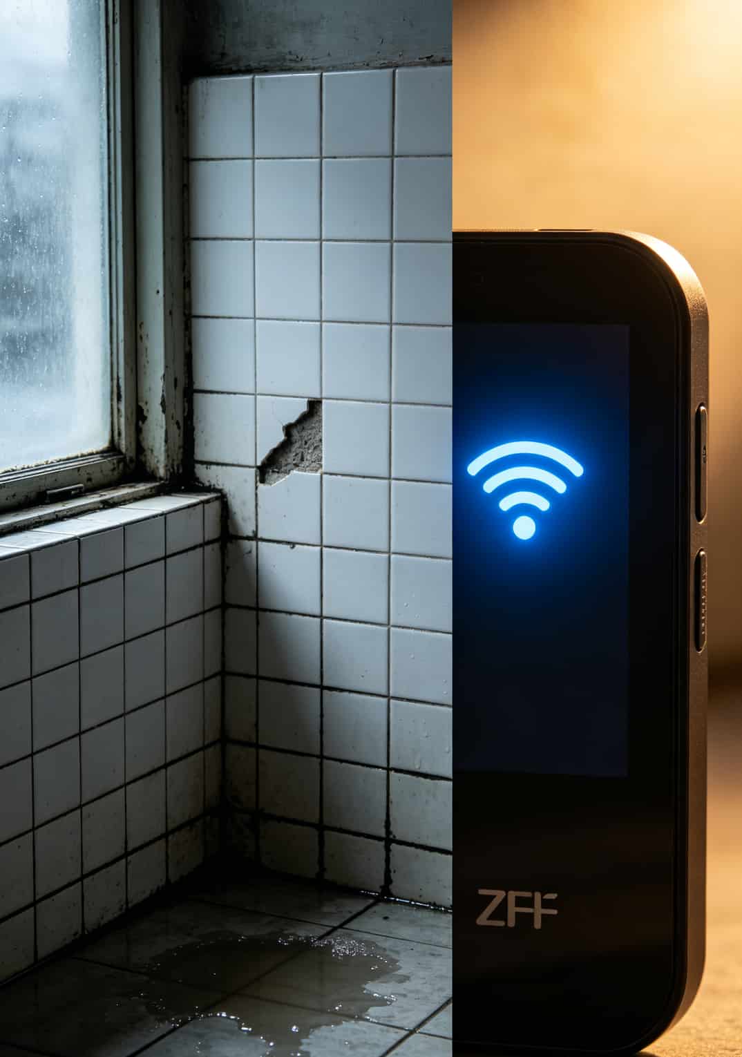 中兴随身WiFi天线版好用吗?配上“爱心卡19元流量”才真香 卫生间角落信号对比图,左边无信号右边满格