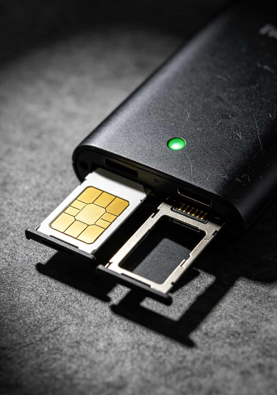 随身WiFi配霸王卡流量,我亏了三千块才整明白的8个真相 双卡槽随身WiFi设备的外观特写,标注两个SIM卡槽