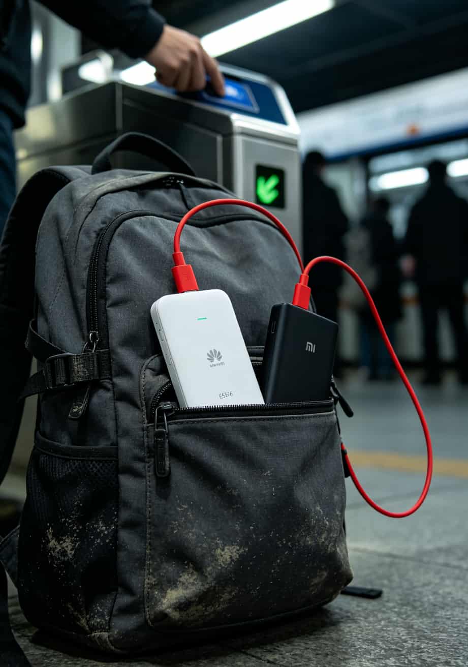 随身WiFi和充电宝一起放在背包侧袋里
