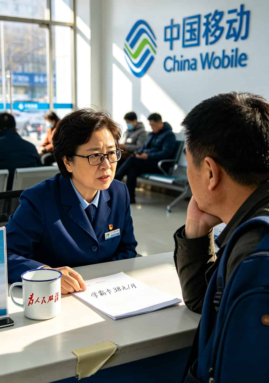 给孩子办流量卡,19元还是39元划算?我跑了仨城市,两年账算完发现省了554块 北京移动营业厅内部场景,柜员正在给家长介绍学生套餐