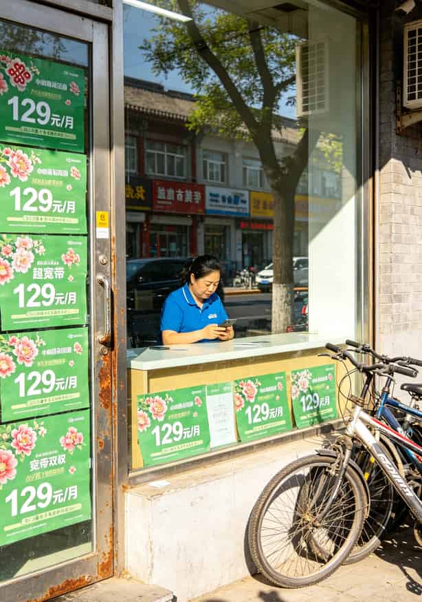 9元流量卡免费办理?折腾两年中兴随身WiFi,我劝你别贪这便宜 北京双井某运营商营业厅门口,玻璃门上贴着宽带套餐广告