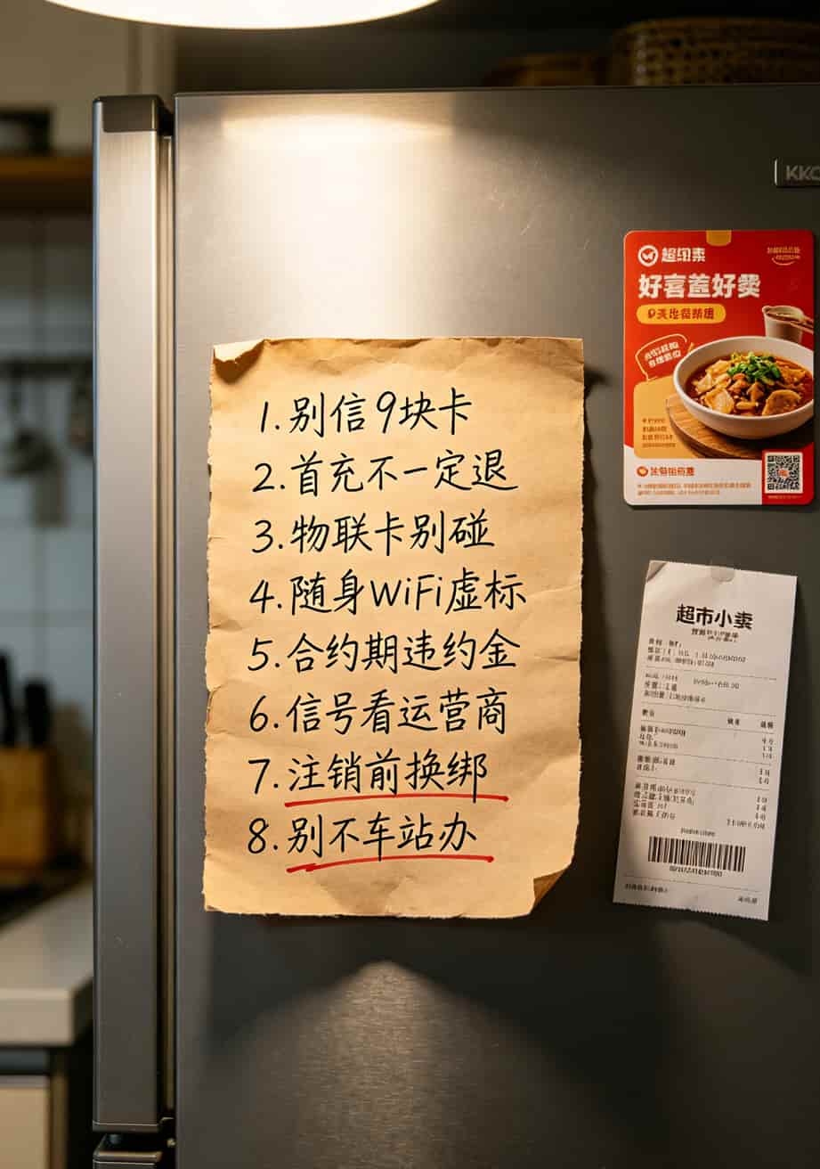 办一张手机流量卡多少钱?算完三年账我直接换了套餐,你也别花冤枉钱 避坑清单手写风格图,8条要点排列