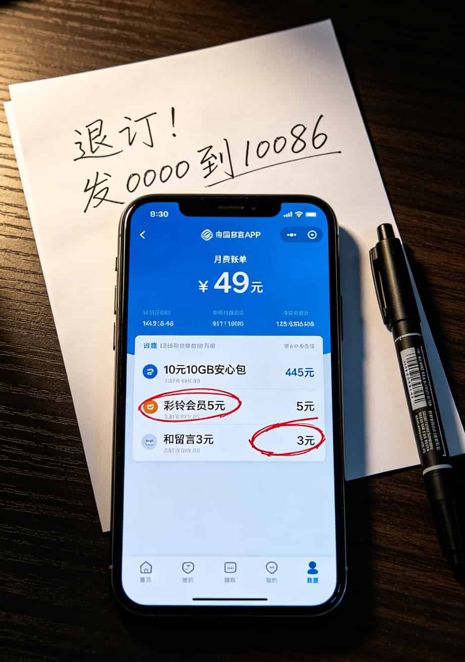 亲测三个月:9元移动大流量卡塞进一个充电宝,高铁追剧、出差办公再也不慌 手机屏幕显示话费账单明细,圈出三个增值业务,旁边手写“退订”两个字