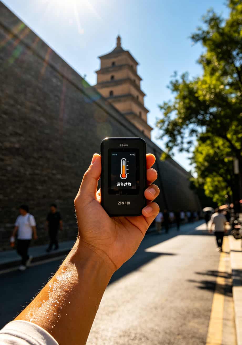 不可打电话的流量卡是真的吗?我用三年告诉你:真的,但有5个坑千万别踩 温度计显示42度的室外,随身WiFi设备屏幕上显示过热保护图标
