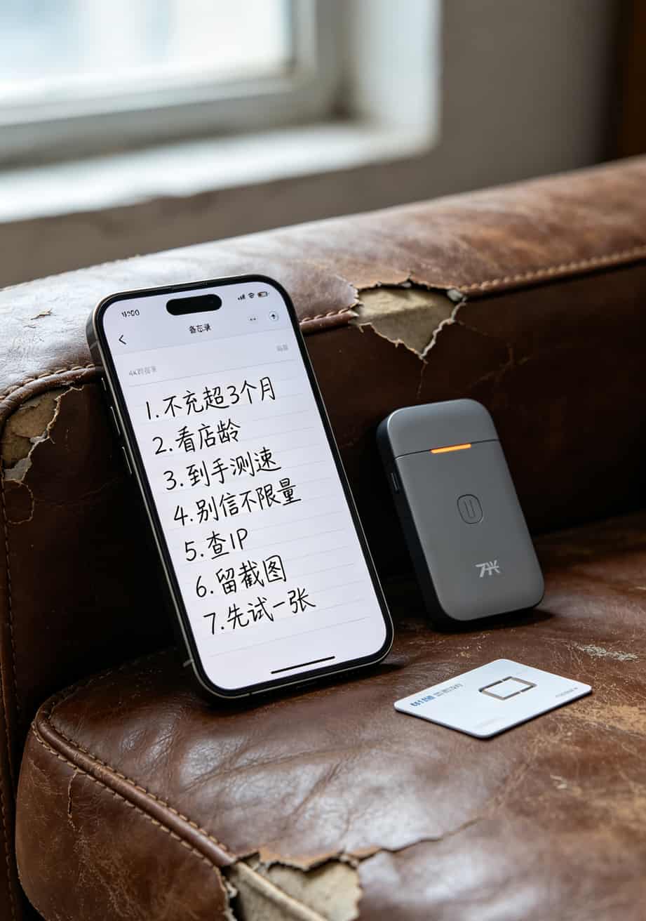 不可打电话的流量卡是真的吗?我用三年告诉你:真的,但有5个坑千万别踩 手机备忘录截图,列出7条买卡注意事项,背景是随身WiFi设备