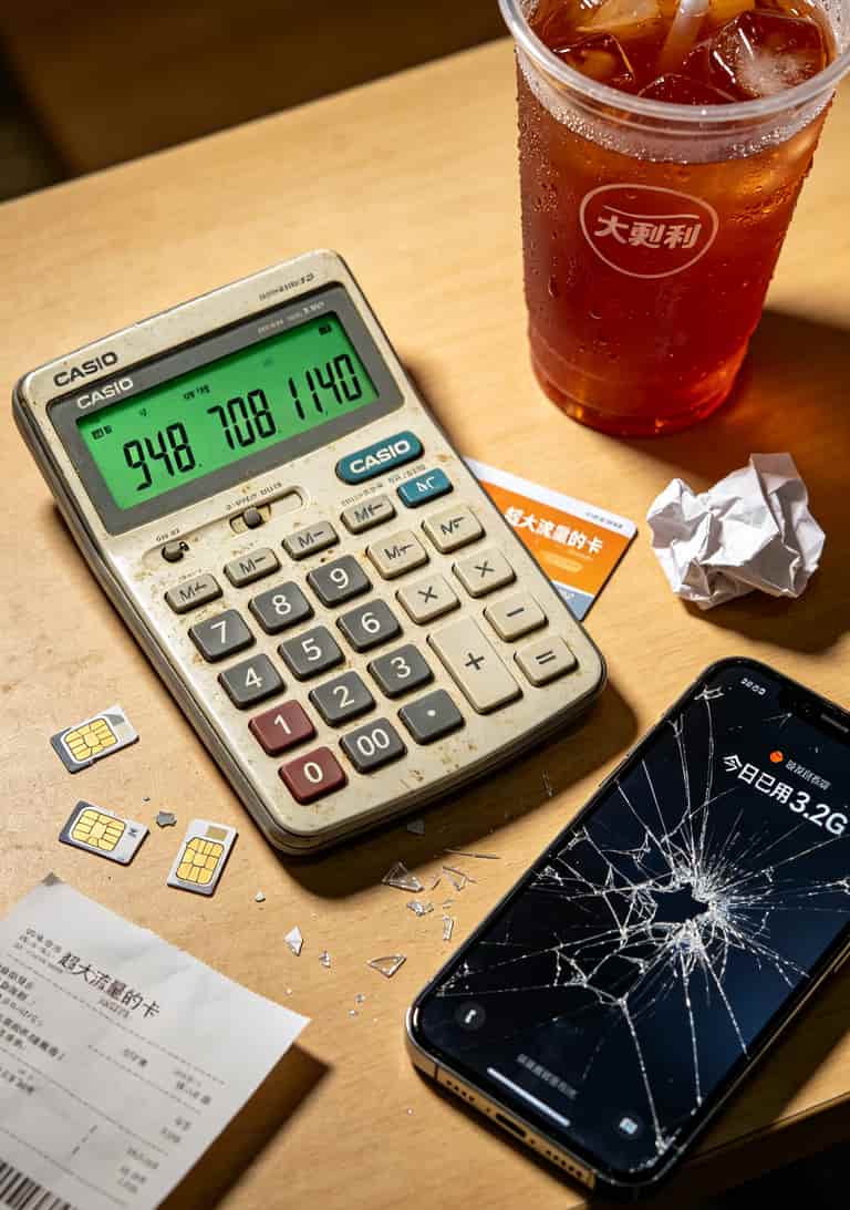 流量卡的坑我踩了5回,这份避坑指南帮你一年省下500块(附 **超大流量的卡** 真实测评) 计算器屏幕上显示着三个数字:948、708、1140,旁边放着手机、SIM卡、一杯冰红茶