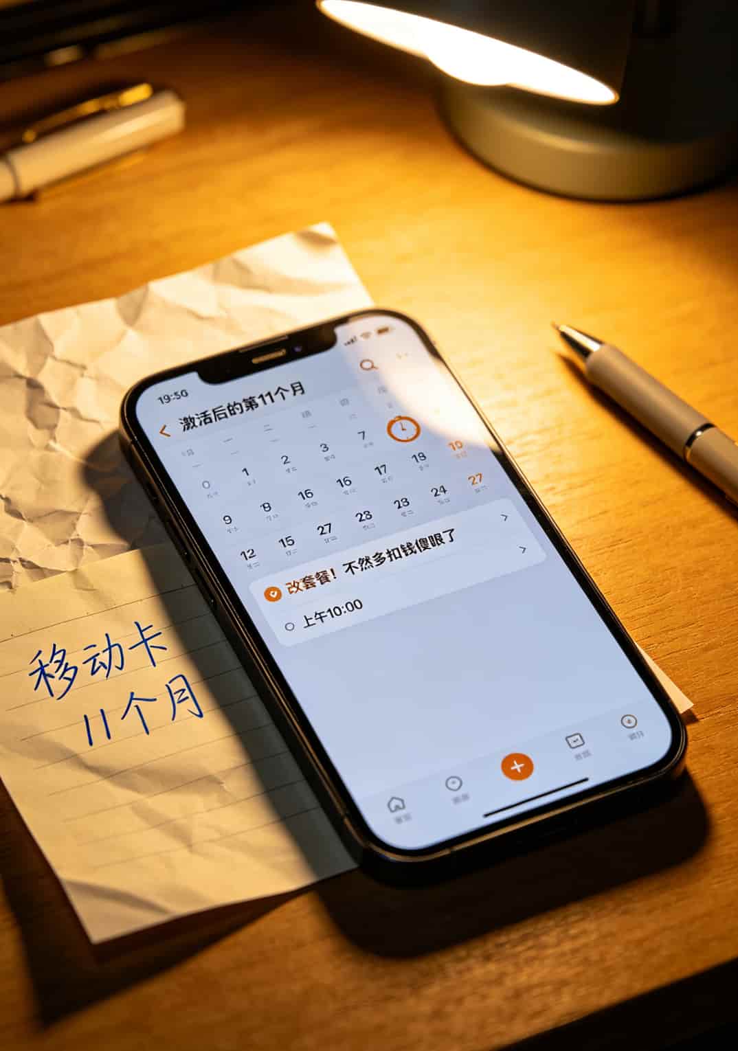 折腾了12张手机卡后,我找到了真正便宜的移动流量卡(附避坑指南) 手机日历闹钟截图,标注“第11个月改套餐别忘啦”