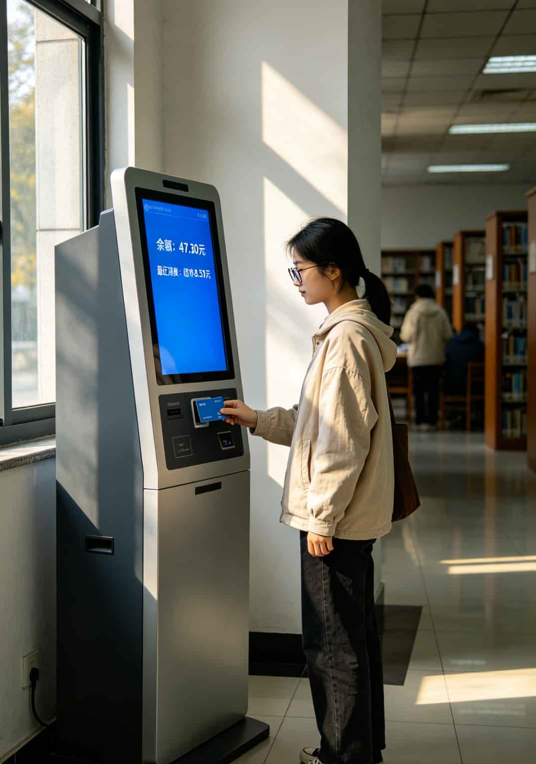 校园卡网速卡到想摔手机?别急着买9.9元103g全国通用流量卡,这10个坑有人替你踩过了 校园卡务中心柜台,工作人员正在电脑上操作激活校园卡