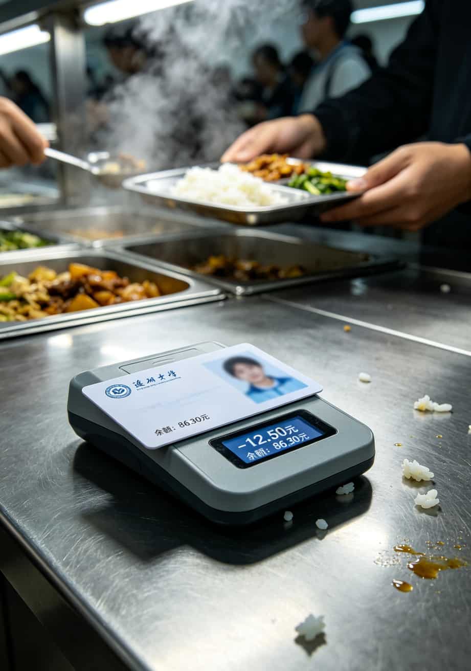 踩了三年坑,总算找到靠谱的长期19元月租流量卡推荐(别再瞎买了) 校园卡在食堂刷卡机上支付餐费的特写