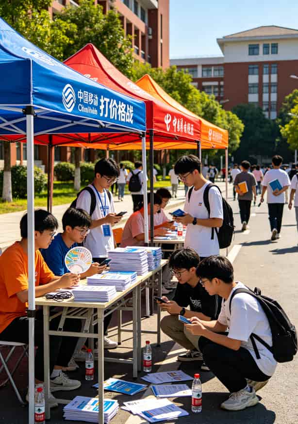 踩了三年坑,总算找到靠谱的长期19元月租流量卡推荐(别再瞎买了) 大学校园里运营商的促销摊位,很多学生在咨询