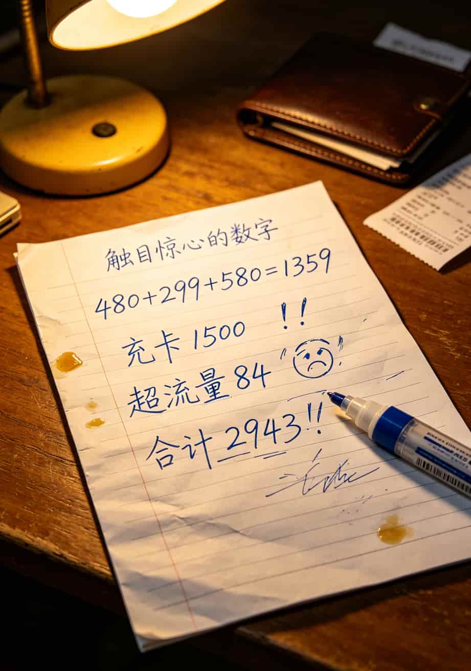 一张计算账单的草稿纸，上面写着数字