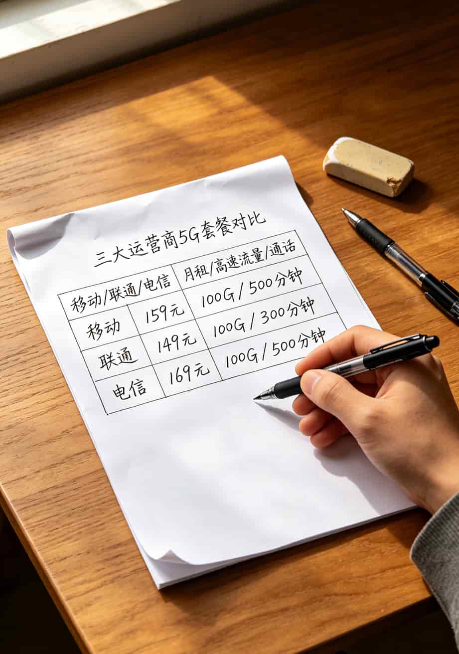 三家运营商5G套餐对比表格，月租和包含流量明细