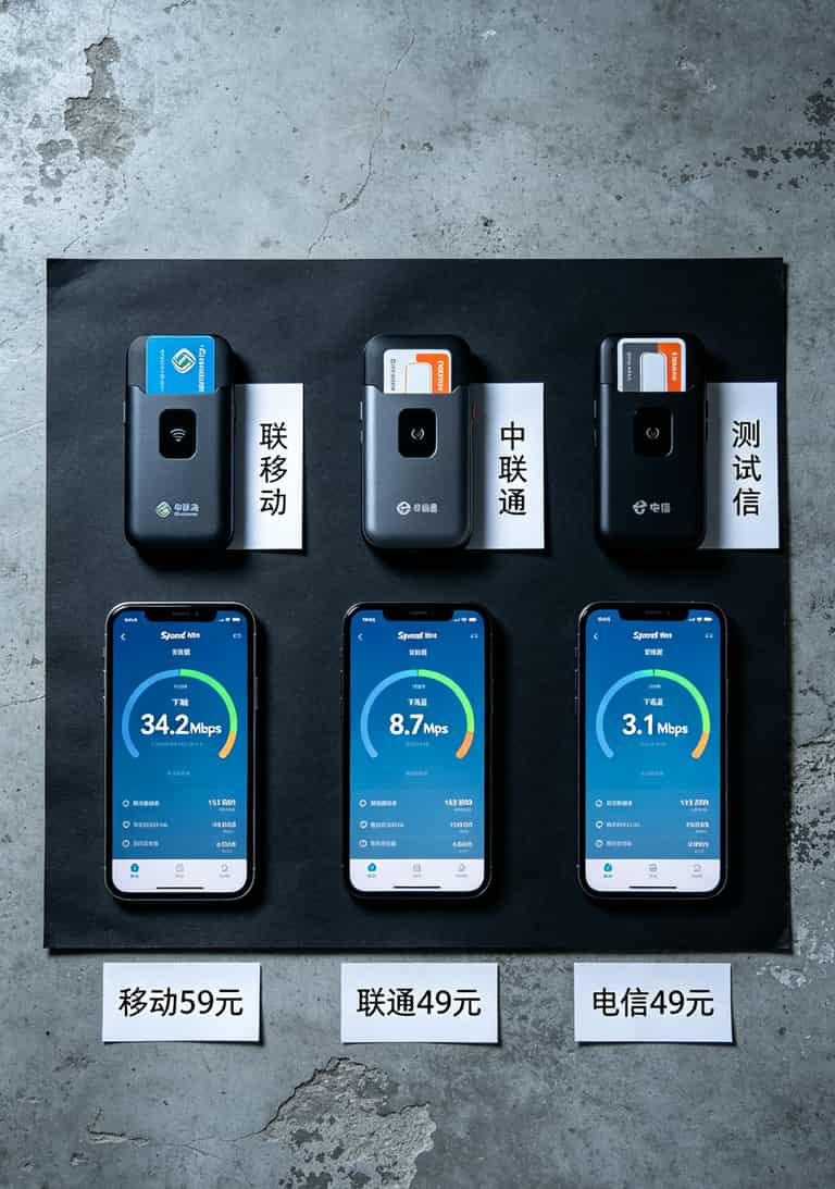 三家运营商网速实测对比柱状图，移动柱状最高、联通居中、电信最低