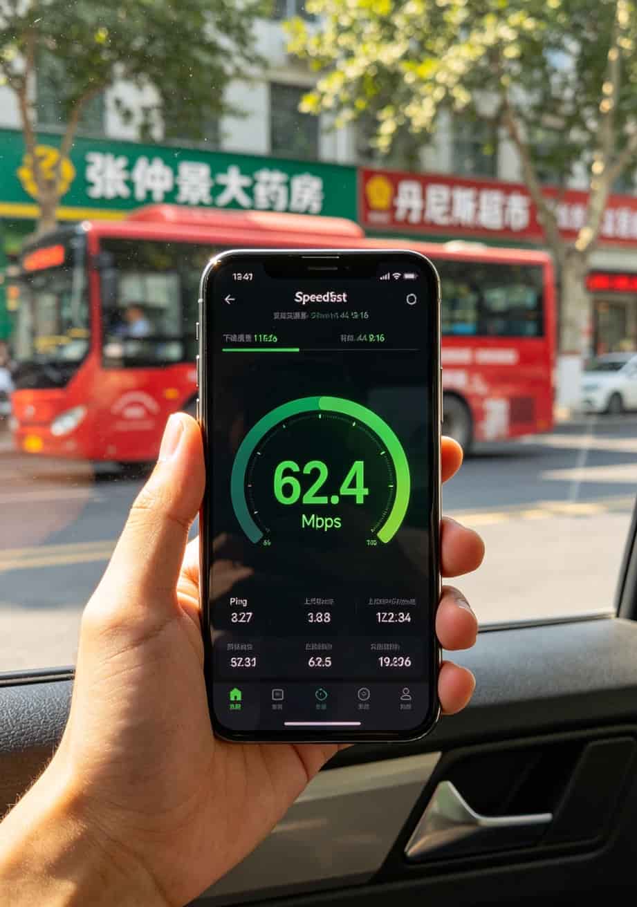 车联网流量卡是坑还是宝?你拿手机套餐对一下就知道了 手机测速软件界面显示下载速度62Mbps,背景是郑州市区的街道