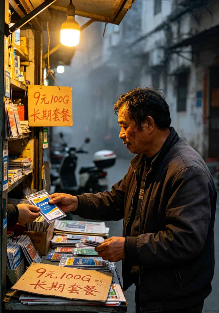 长期流量卡是真的吗?三年踩坑经验告诉你:真的,但得这么找 佛山街头报摊售卖各种流量卡的摊位