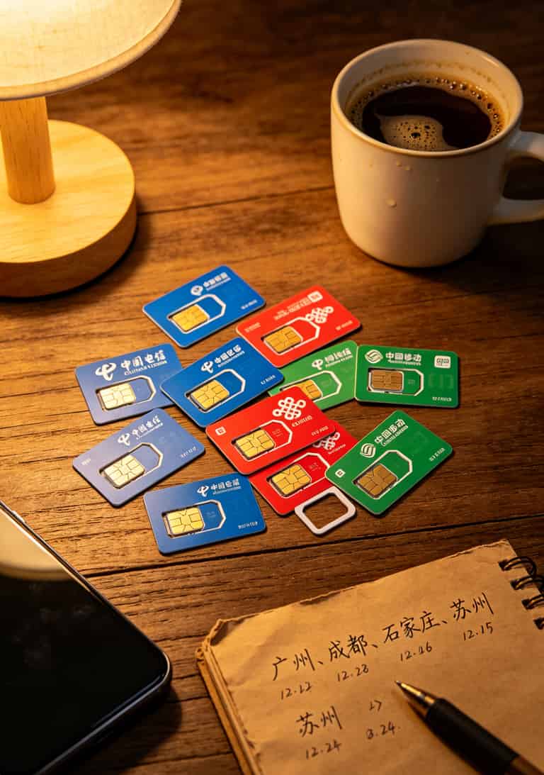 13张手机卡实测对比实拍图，包含电信、联通、移动卡板