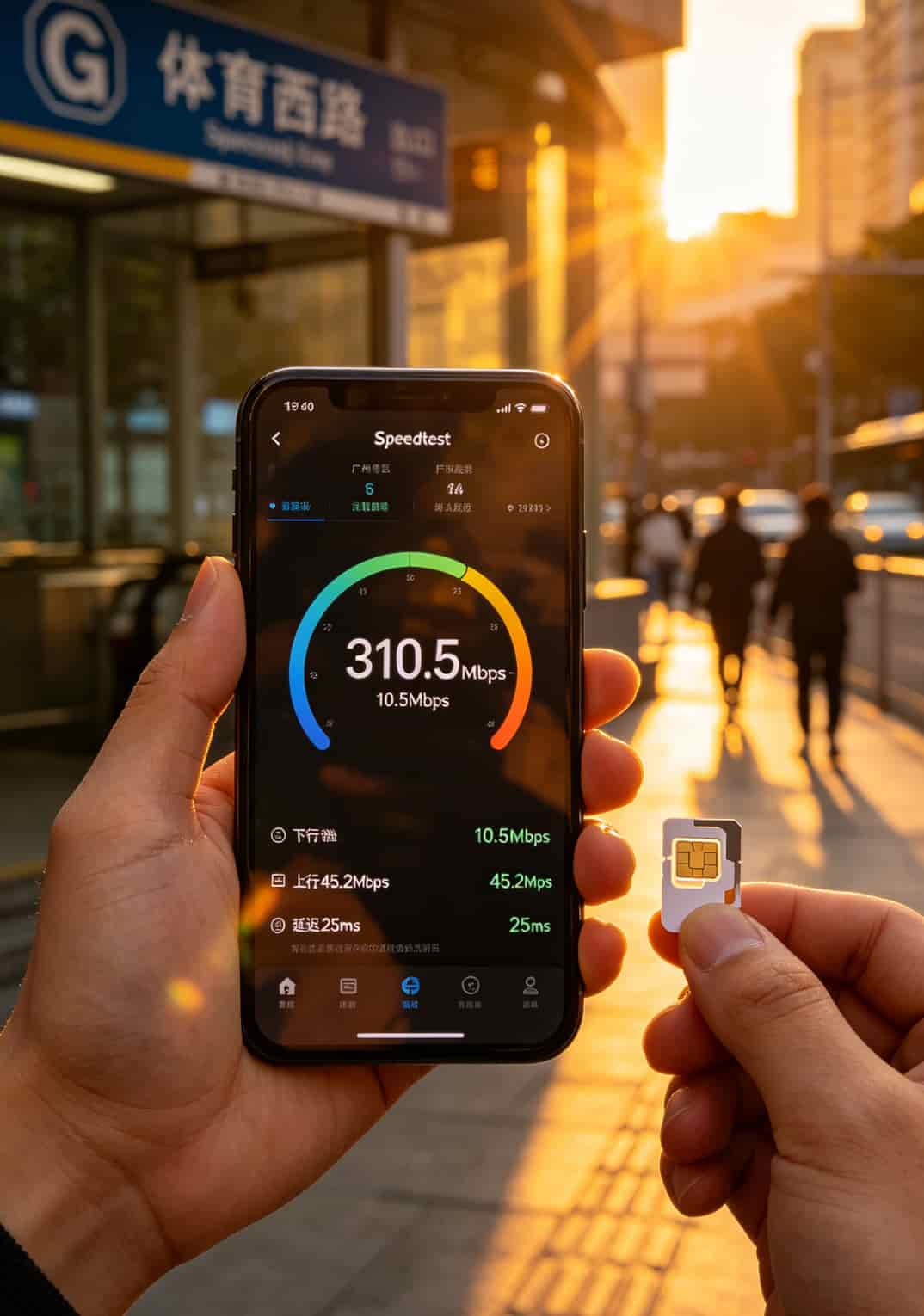 广州体育西路地铁站附近5G测速截图，显示下行310.5Mbps
