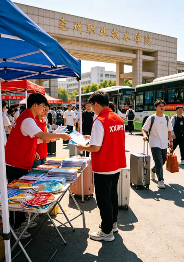 亳州学生实测:潮玩卡定向流量是哪些app可以用?三张卡全拆给你看 亳州职业技术学院门口的潮玩卡推广帐篷,蓝色顶棚,红色马甲工作人员